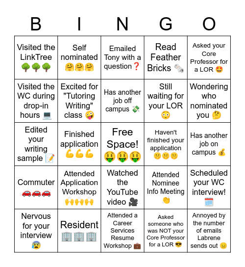 Writing Center Bingo Card