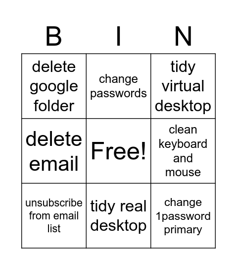 Virtual Cleanup Day Bingo Card