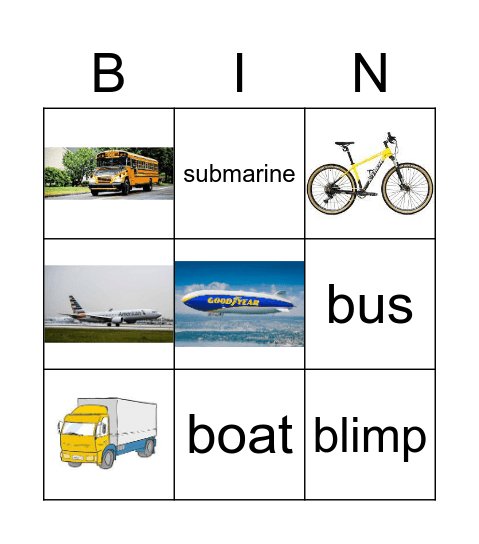 Means of Transportation Bingo Card