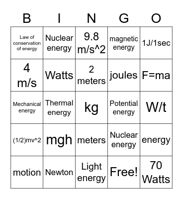 Work power and energy Bingo Card
