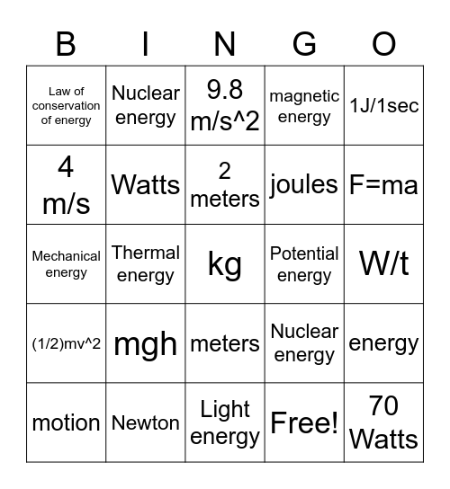 Work power and energy Bingo Card