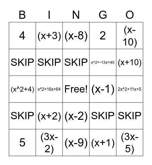 Factoring Bingo Card