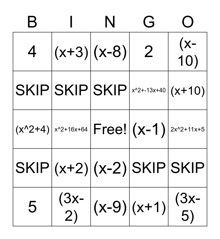 Factoring Bingo Card