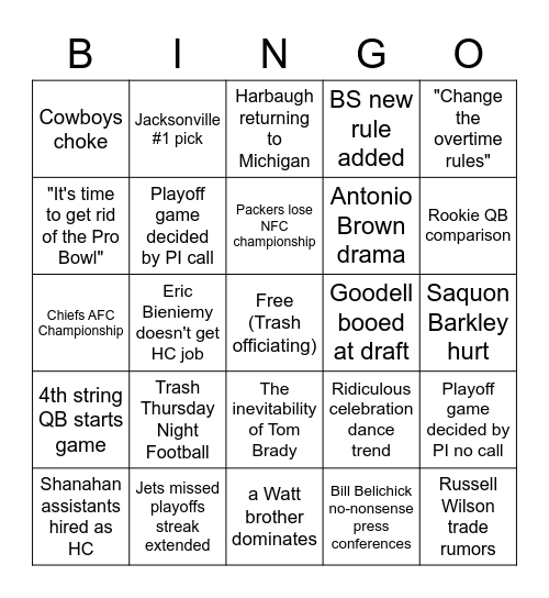 NFL Season Bingo Card