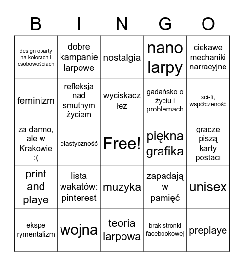 Nowy Larp Kaczki Bingo Card