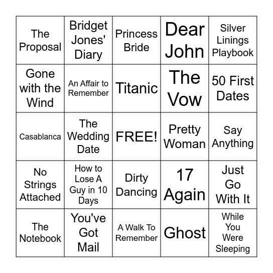 Romance/Romantic Comedy Bingo Card