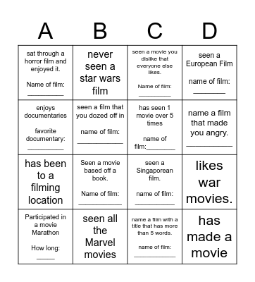 Movie Bingo Card