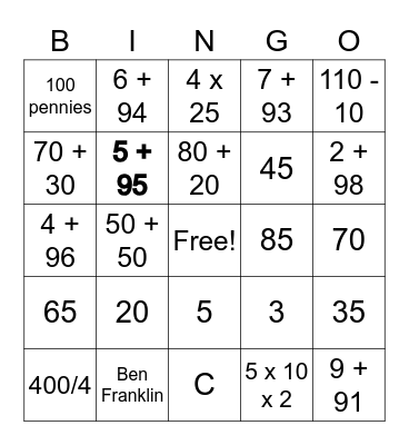 100th Day of School Bingo Card