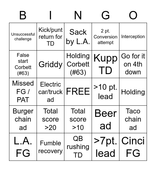 2022 BIG GAME Bingo Card