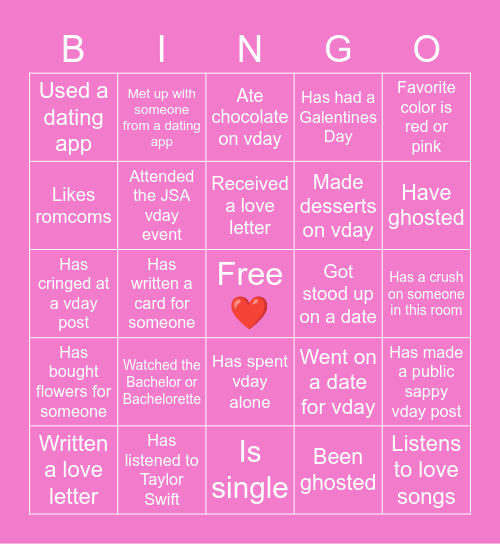 JSA Be My Valentine BINGO! Bingo Card