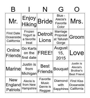 Alecia & Justin Bingo Card