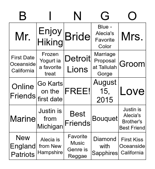 Alecia & Justin Bingo Card