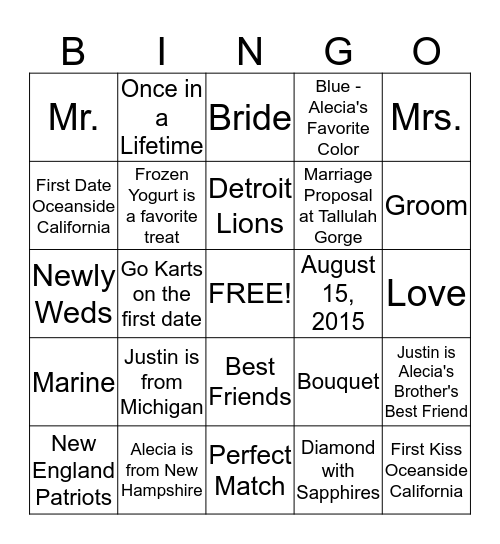 Alecia & Justin Bingo Card