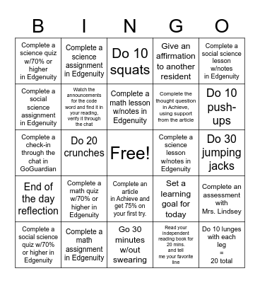 Quarantine Quest Bingo Card