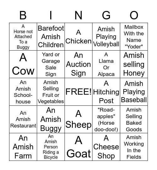 "Amish Country" Bingo Card