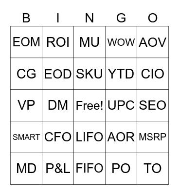 Retail Acronym Bingo Card