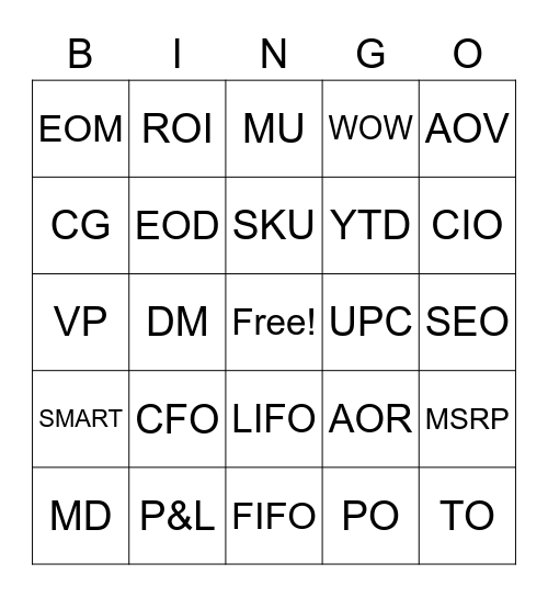 Retail Acronym Bingo Card