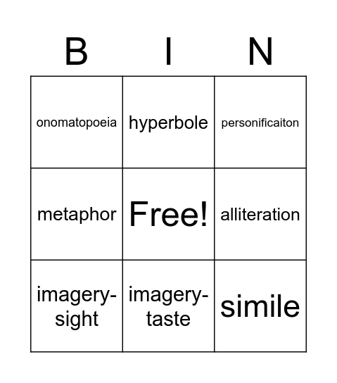 Figurative Language Bingo Card