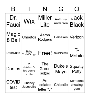 Super Bowl 56 Commercial Bingo Card
