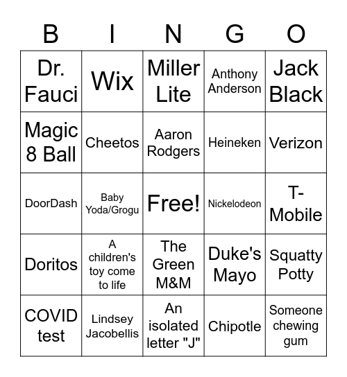 Super Bowl 56 Commercial Bingo Card