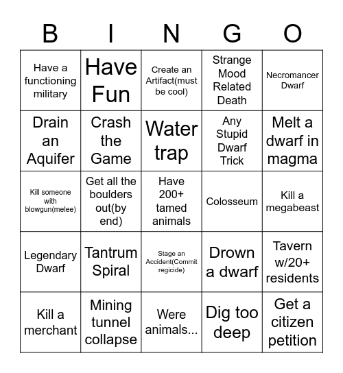 Dwarf Fortress Bingo Card