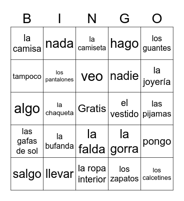 La Ropa, Irreg Yo, Negation Bingo Card