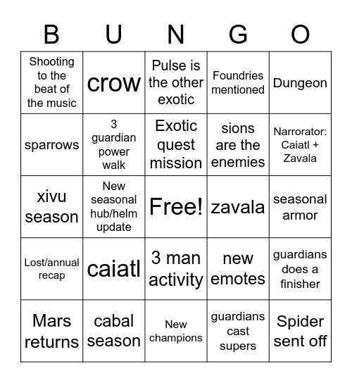 Season 16 Bingo Card