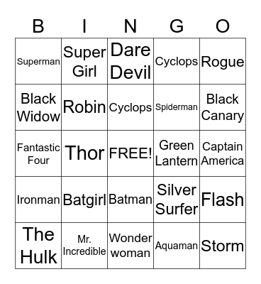 Superhero Bingo Card