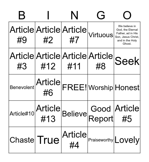Articles Of Faith Bingo Card