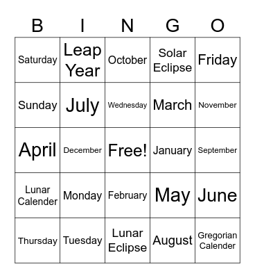Days Months, Moon etc Bingo Card