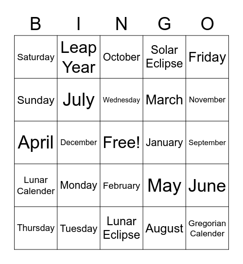 Days Months, Moon etc Bingo Card