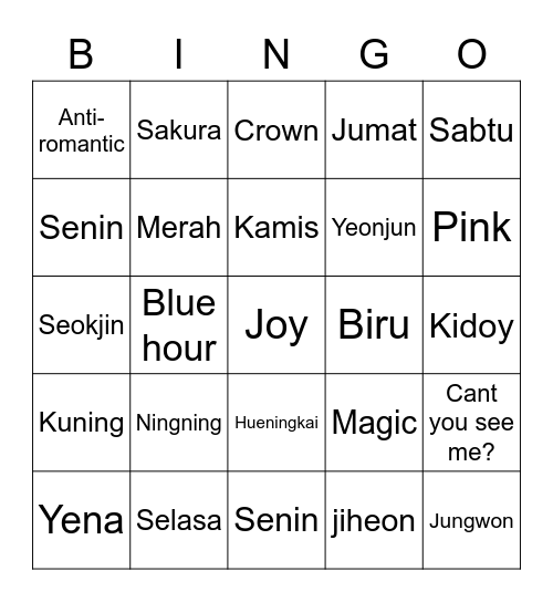 Sama yeonjun Bingo Card