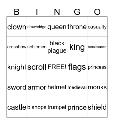 Medieval Times Bingo Card