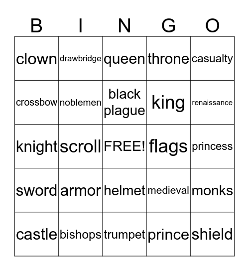 Medieval Times Bingo Card