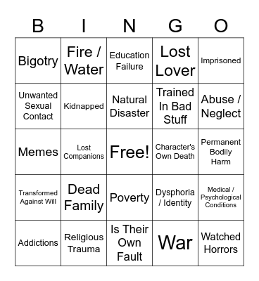 Character Trauma Bingo Card