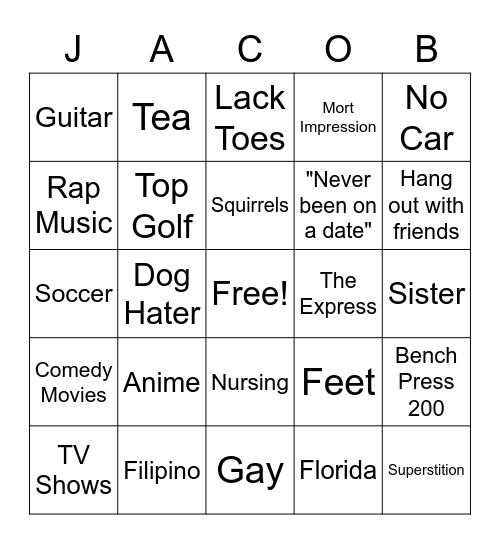 Jacob ASWWU Dating Show Bingo Card