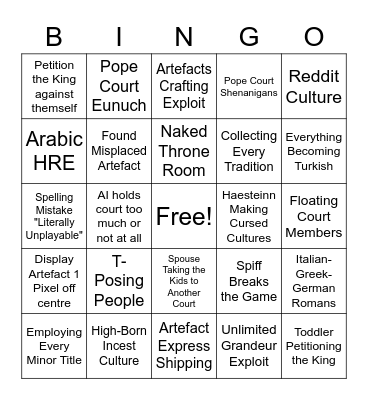 Royal Court Bingo Card