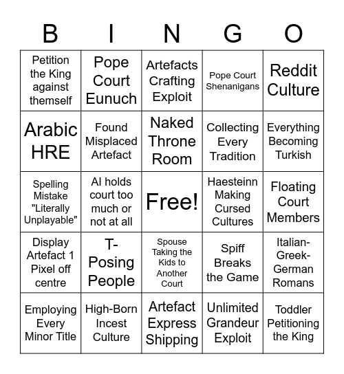 Royal Court Bingo Card