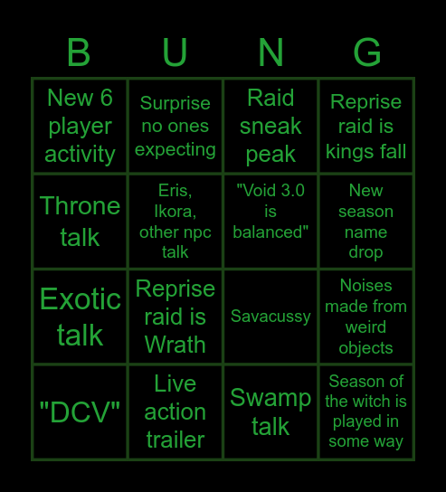 Witch Queen Bungo Card Bingo Card