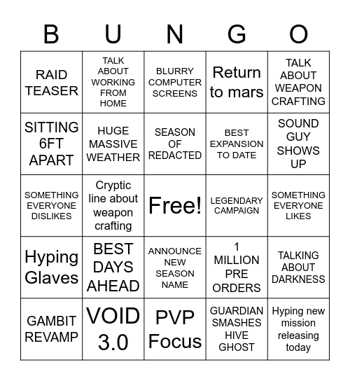 BUNGIE HYPE Bingo Card