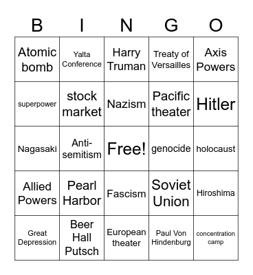 Interwar and WWII vocabulary Bingo Card