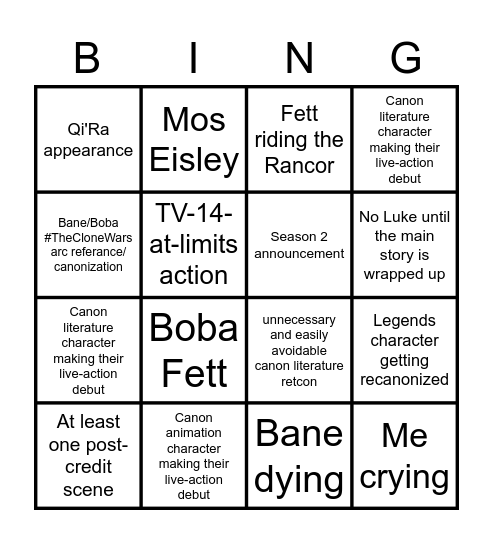 "Book of Boba Fett" - Finale Bingo Card