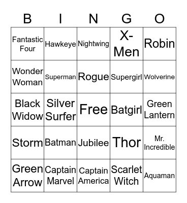 Super Hero Bingo Card