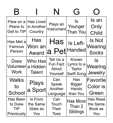 Duke TIP Bingo Card