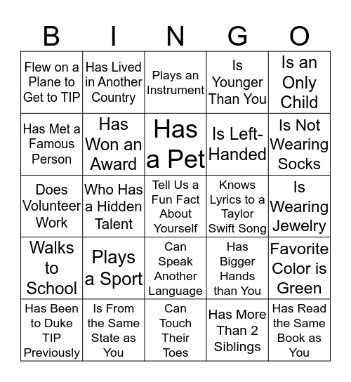 Duke TIP Bingo Card