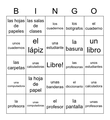 Los artículos - classroom Bingo Card