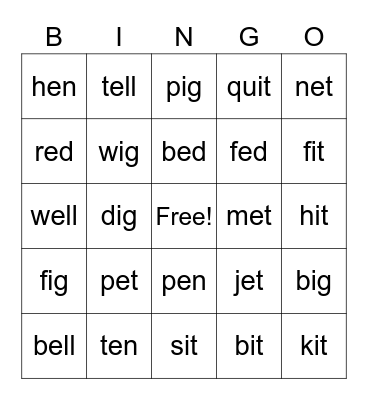 Short e/i BINGO Card