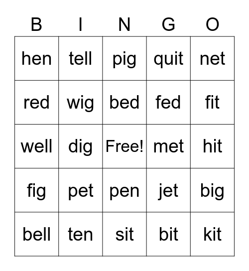 Short e/i BINGO Card