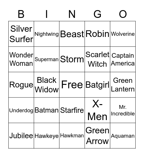 Super Hero Bingo Card