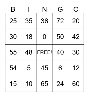 5X's and 6X's TABLE Bingo Card